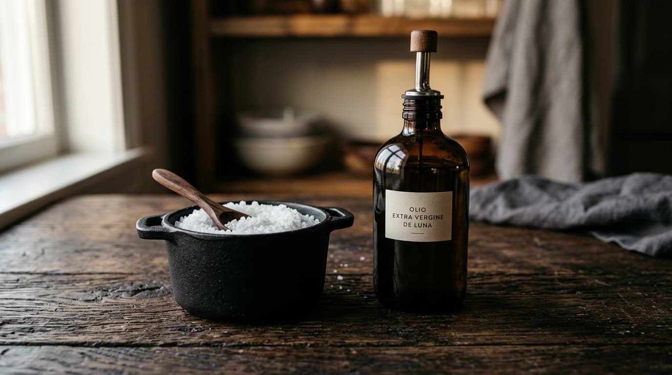 Salière en fonte et bouteille d'huile d'olive sur fond sombre