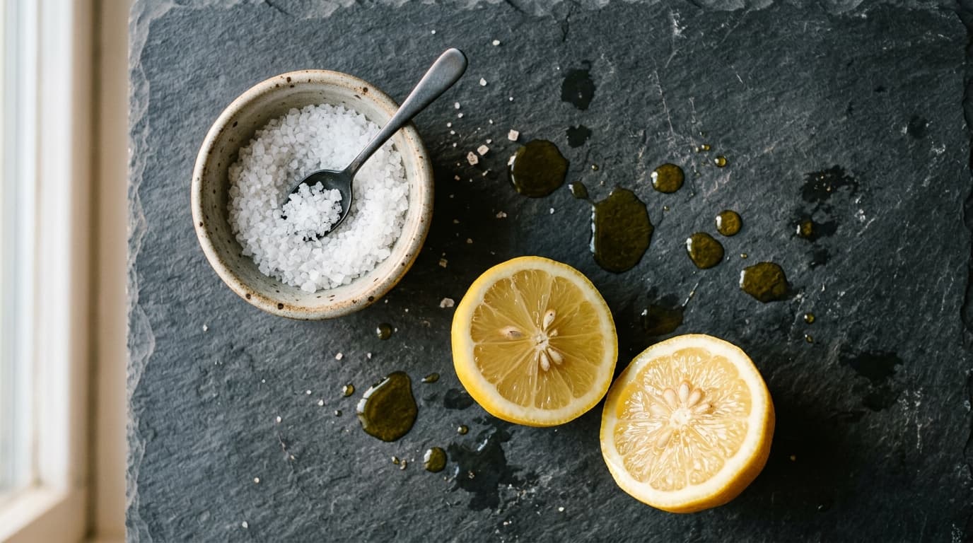 Bol en céramique avec sel, citron et huile d'olive