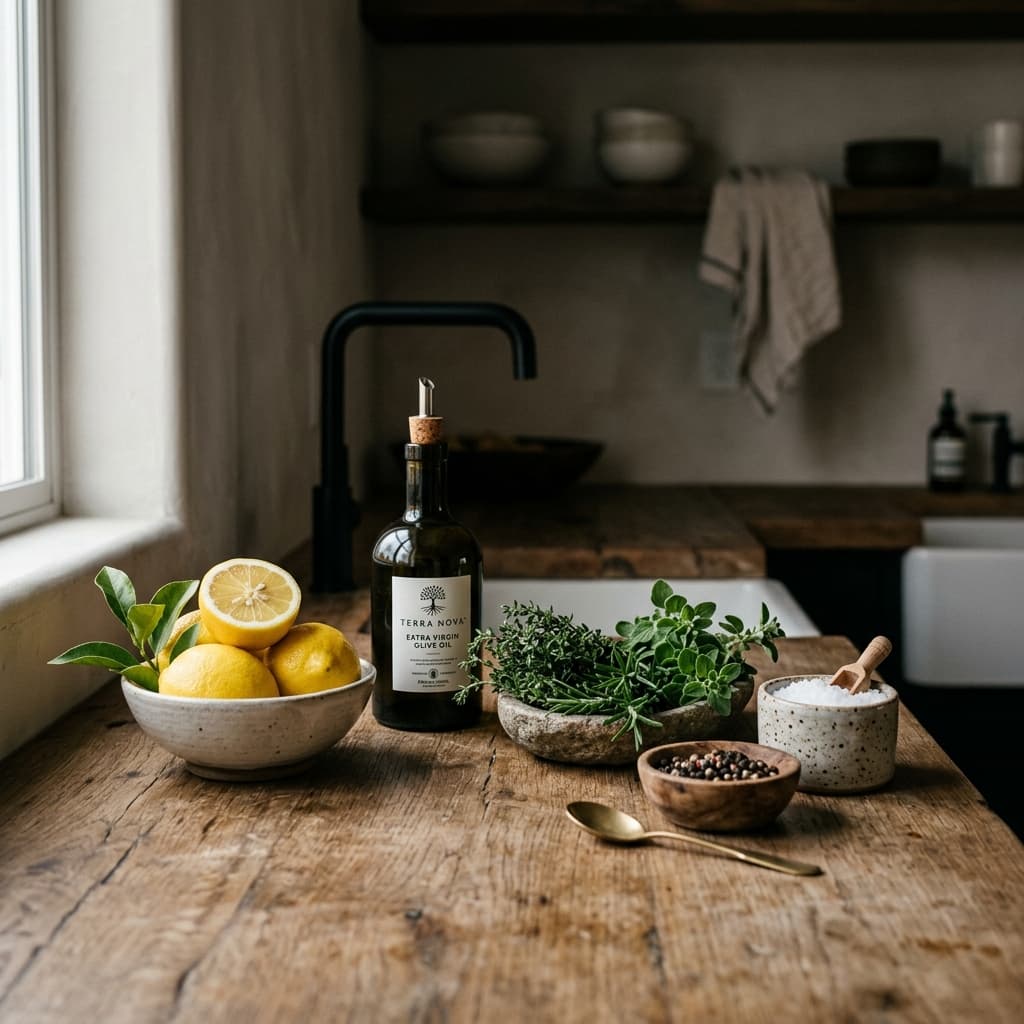 Fresh raw ingredients on a wooden countertop