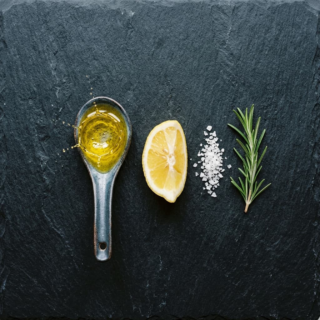 Olive oil, lemon, salt, and rosemary on a black slate background
