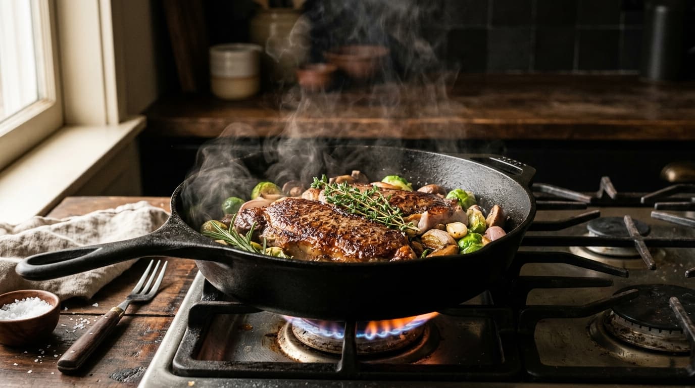 Saisir une pièce de viande dans une poêle en fonte