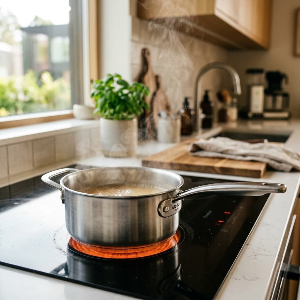 Stainless steel saucepan on a stovetop with gentle steam