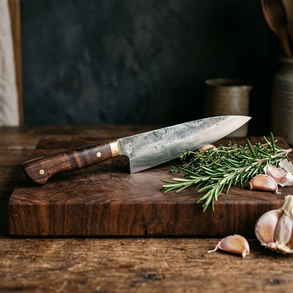 Forged chef's knife sitting on fresh vegetables