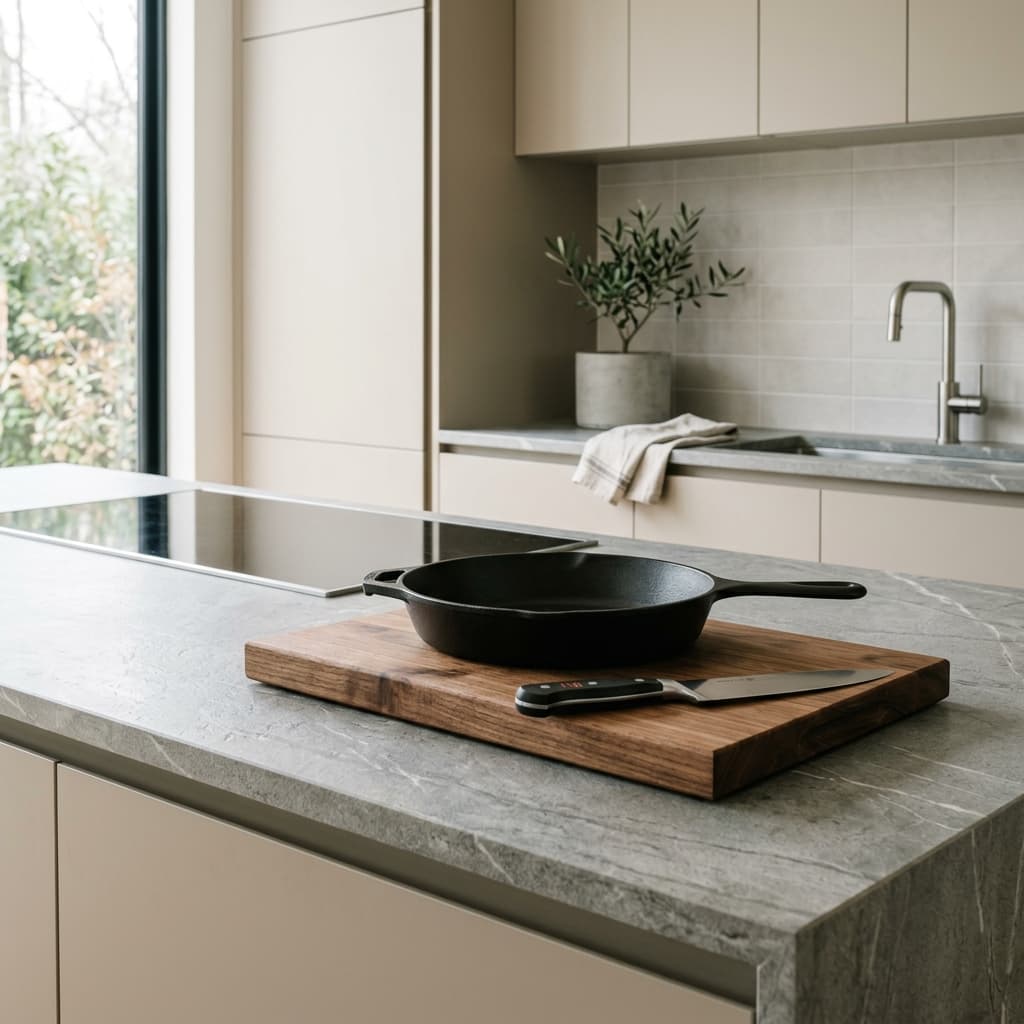 Clean countertop with essential utensils in wood and cast iron