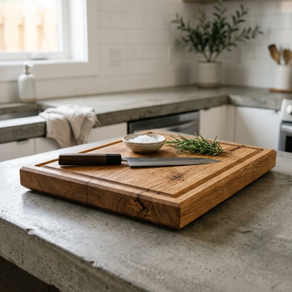 Thick oak cutting board with a knife and sea salt