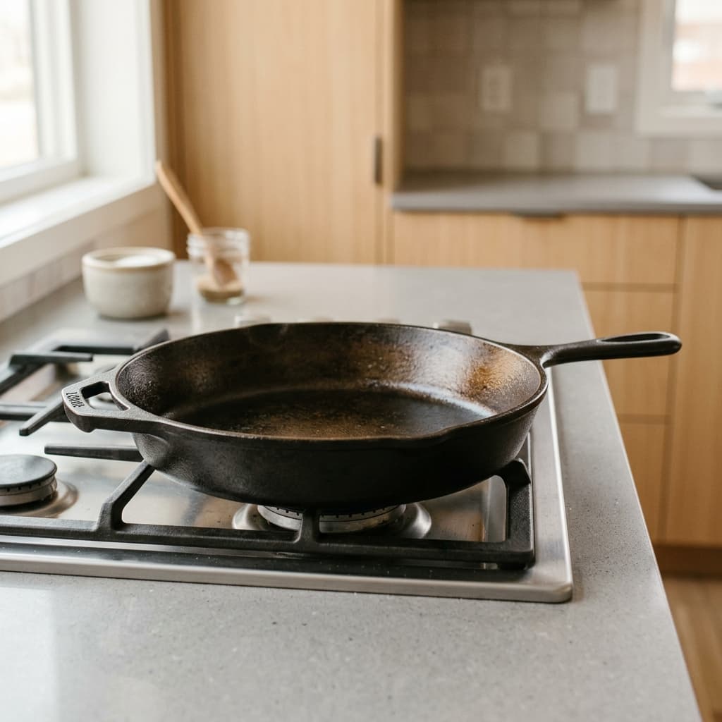 Seasoned cast iron skillet on a low flame