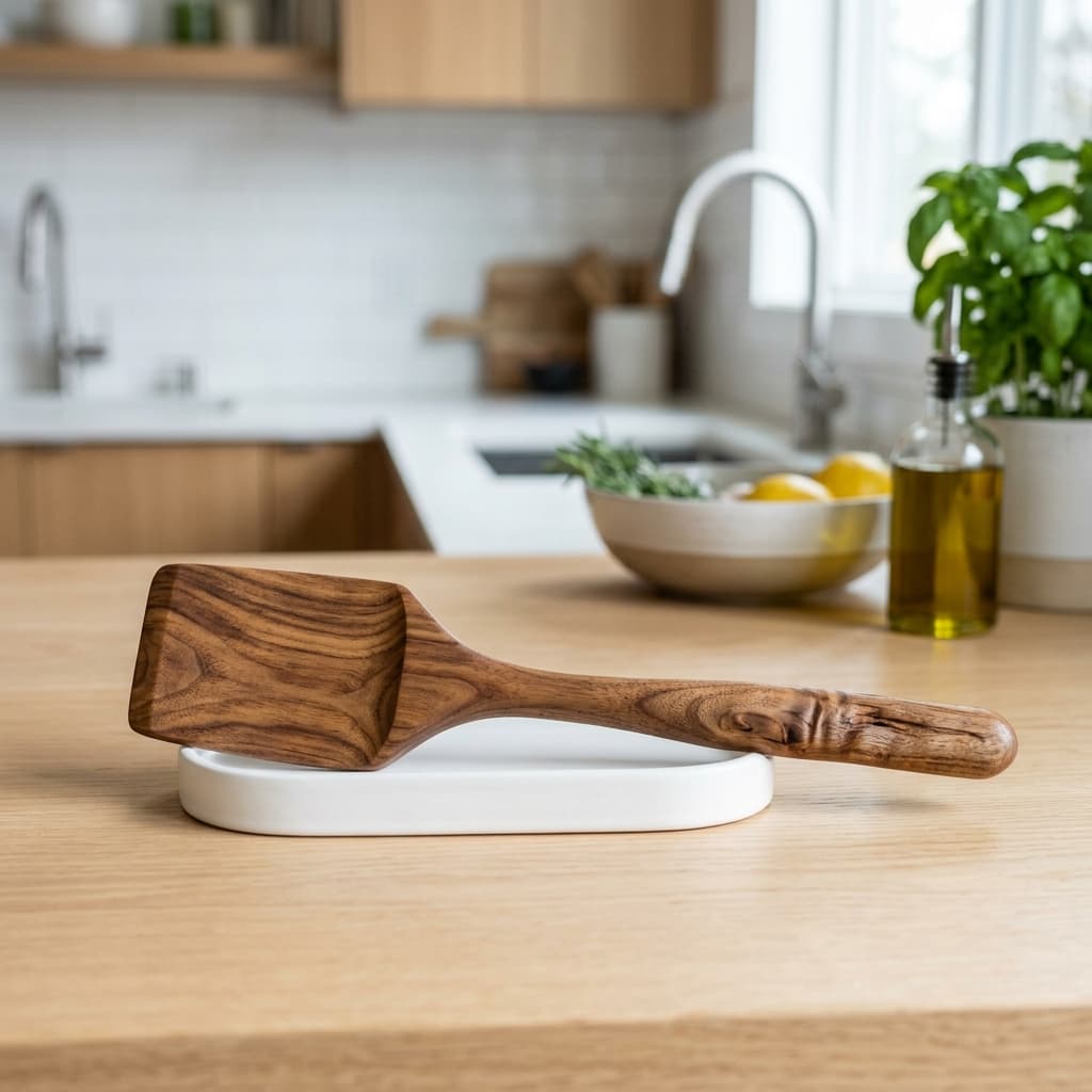 Handcrafted olive wood spatula sitting on a utensil rest