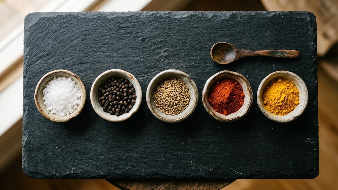 Cinq épices indispensables dans des coupelles en céramique wabi-sabi sur ardoise sombre