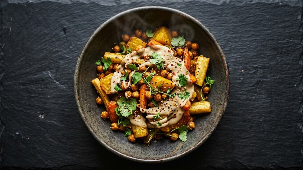 Légumes et pois chiches rôtis aux épices chaudes avec sauce tahini