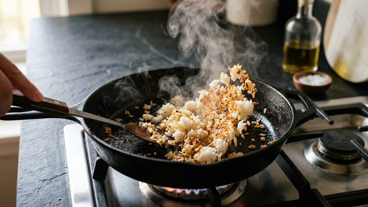 Bowl of cooked day-old white rice on dark background