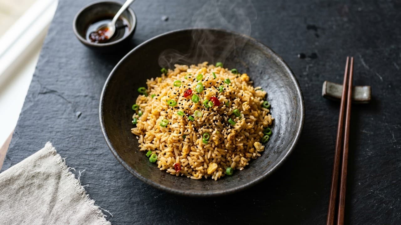 Minimalist fried rice dish in a ceramic bowl